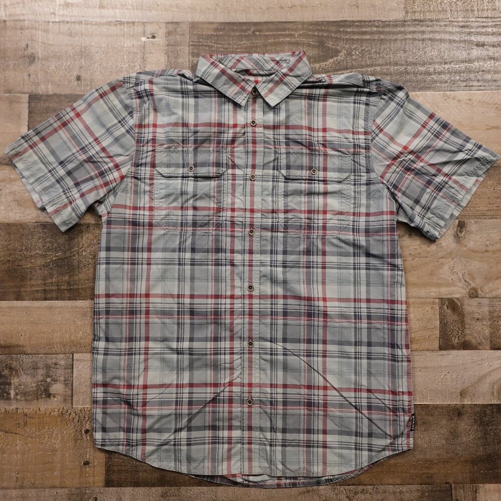 prAna Plaid Short Sleeve Button-Up‎ Shirt Men’s Large Gray Red Outdoor Hiking
